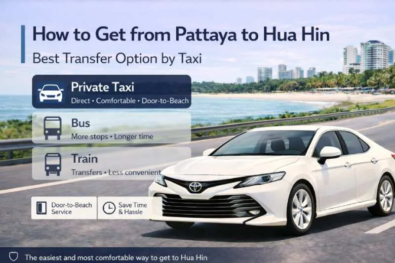 Private taxi transfer from Pattaya beachfront to Hua Hin royal resort town showing Highway 7 and Highway 35 route across gulf region