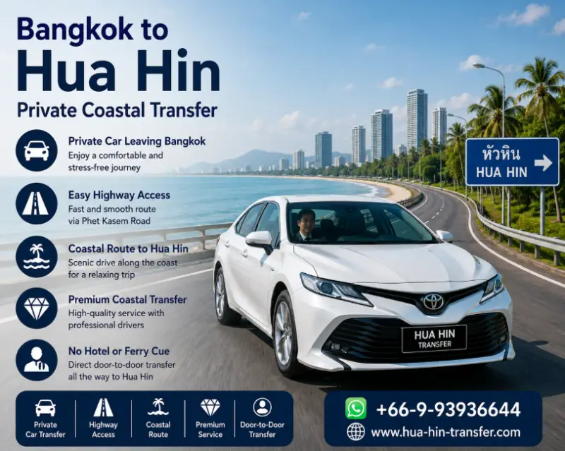 Private taxi from Bangkok to Hua Hin driving along Highway 35 Rama II Road towards the Gulf of Thailand coast
