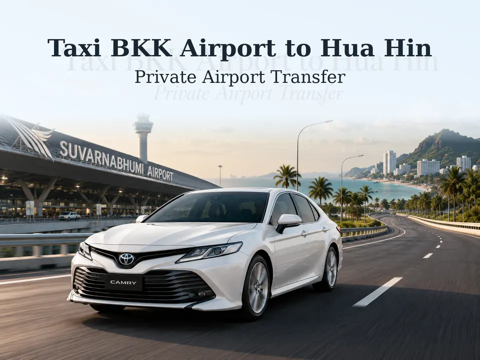 Private taxi departing Suvarnabhumi Airport terminal for direct transfer to Hua Hin beach resort with professional driver and modern sedan