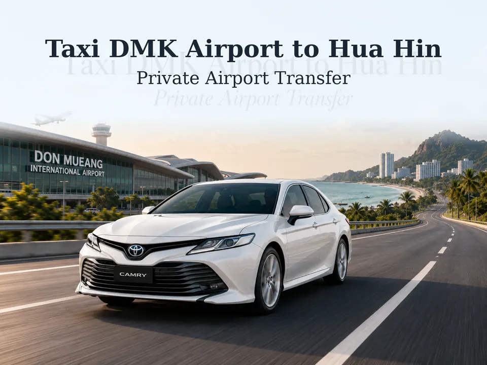 Private taxi vehicle waiting at Don Mueang Airport arrivals for direct transfer service to Hua Hin beach resort