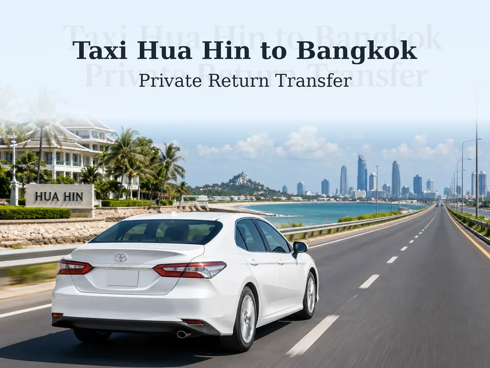 Private taxi journey from Hua Hin beach resort to Bangkok city, modern sedan on Highway 35 Rama II Road