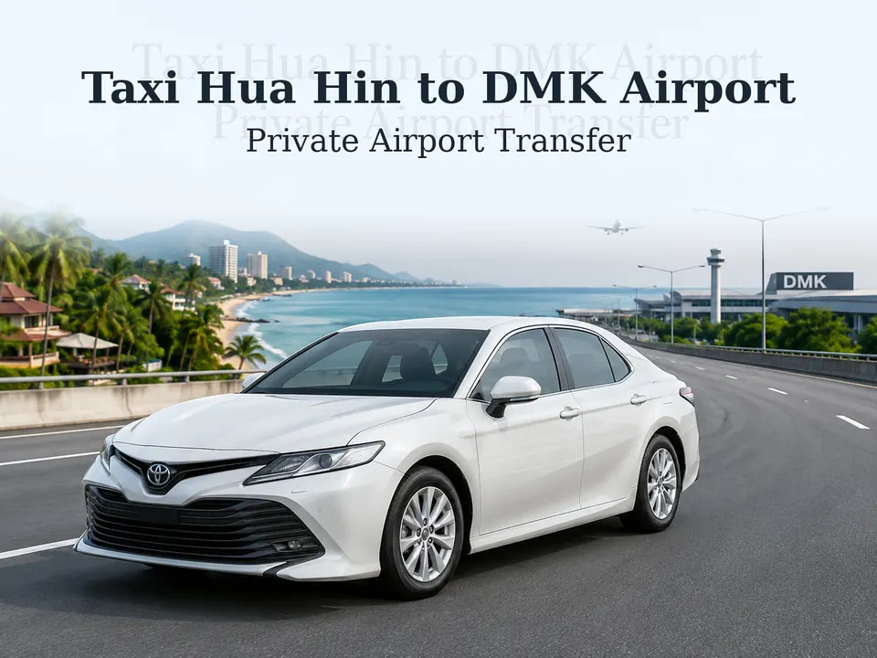 Private taxi driving from Hua Hin beach resort to Don Mueang Airport terminal showing Highway 35 route through Thai countryside