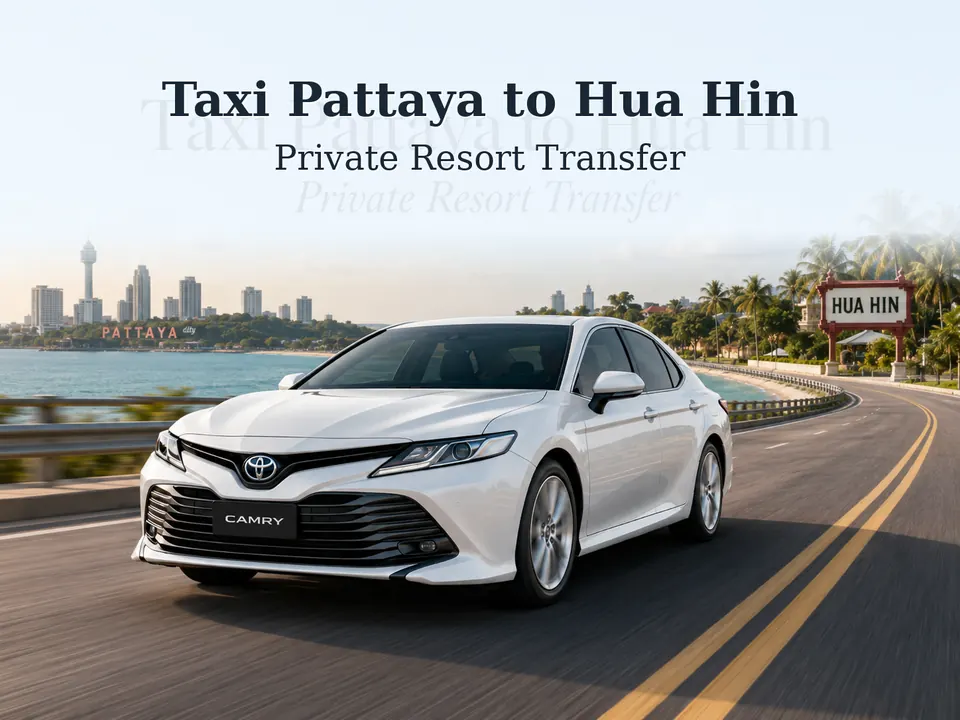 Private taxi transfer from Pattaya to Hua Hin on Highway 7 through Bangkok bypass with comfortable sedan on cross-gulf journey